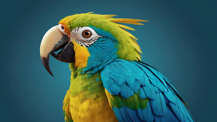 Fototapeta premium a portrait a\of a green parrot with golden feathers in a blue isolated background, cartoon style, Isolated