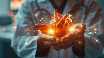 Close up of doctor hands holding a glowing human heart, a hologram futuristic medical technology concept on a blurred background with copy space. A banner for a hospital and card. Weed ch blackjack on - obrazy, fototapety, plakaty