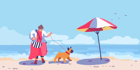 An overweight woman in a fashionable red dress and a bulldog walk towards a beach umbrella on the beach. Lifestyle on sea vacation resort. Pet friendly. Ocean coast. Maldives Relax. Flat vector