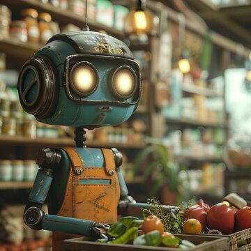 A whimsical comic strip where a friendly AI robot navigates a series of humorous challenges while delivering organic groceries to a diverse range of clients, from highrise apartments to secluded treeh