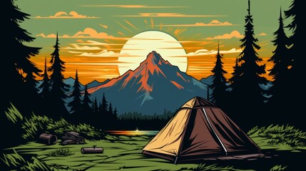 Picturesque tourist campsite featuring a cozy bonfire, camping tent, and stacked firewood