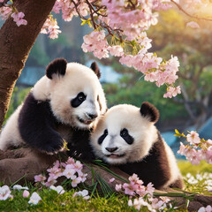 봄을 맞이한 쌍둥이 판다