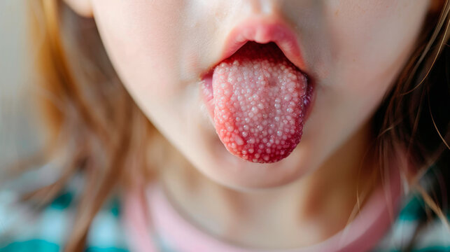 Close-up of the child's tongue, ulcers and wounds on the tongue, oral cavity disease.