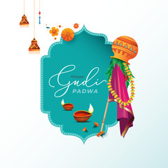 Happy Gudi Padwa Festival Greeting Background Template - obrazy, fototapety, plakaty