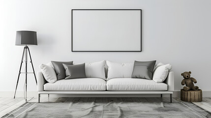 Modern living room interior with empty white frame. Mockup composition with copy space. Interior design and home decor concept. Design for poster, banner, advertisement
