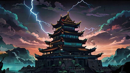 Temple ruins in an ancient asia citys Illustration - obrazy, fototapety, plakaty