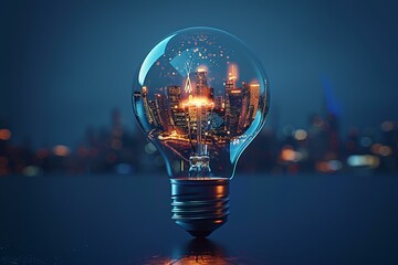 A blueprint of a smart city powered by clean energy, cleverly fitted within a bulb's contours