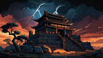 Temple ruins in an ancient asia citys Illustration