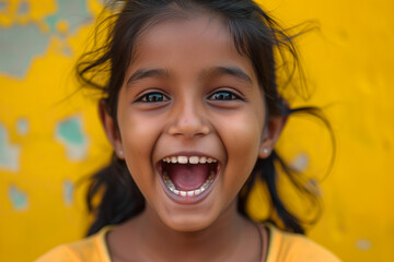 A young Indian girl with brown hair and a yellow shirt is smiling and laughing. She has a big smile on her face and her eyes are wide open.