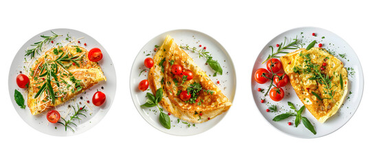 Gourmet omelette with fresh herbs cherry tomatoe and cheese in plate top view on transparent background. Generative AI.