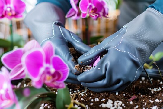 person wearing gardening gloves repotting an orchid