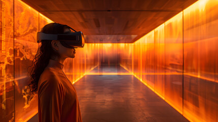 A woman immersed in a virtual reality simulation stands surrounded by glowing orange digital walls, exploring a futuristic art installation