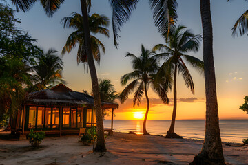 A beachfront bungalow surrounded by palm trees, with a clear view of the ocean at sunset.