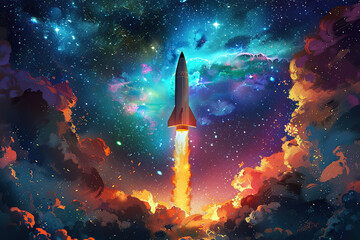 Fototapeta na wymiar Generative ai on theme of beautiful space rocket in sky, bright meteorites glow in atmosphere