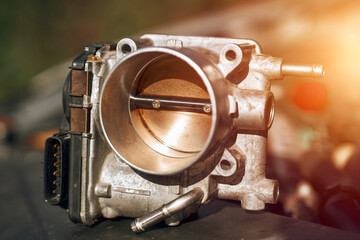 Electronic throttle body and engine bay background. Service and repair. - obrazy, fototapety, plakaty