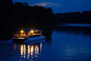 nighttime shot of litup pontoon boat floating on a tranquil lake