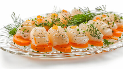 A clear glass platter displaying elegantly arranged gefilte fish with dill and carrot slices, isolated on a white background 