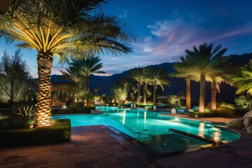 nighttime pool landscape with lit palm trees and pool - Powered by Adobe