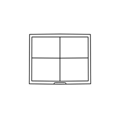 A window with four panes. The window is white and has a black frame