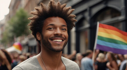 Portrait of Afro American man on the street during pride parade with rainbow LGBT flag in the background - obrazy, fototapety, plakaty