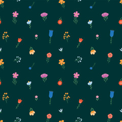 Spring wildflowers seamless pattern with hand drawn cartoon floral elements on dark green background for wallpaper, prints, wrapping paper, backgrounds, etc. EPS 10