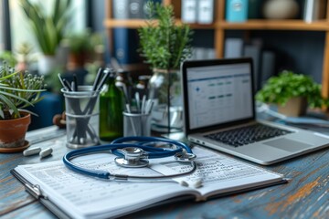 Doctor's workspace featuring a stethoscope and laptop