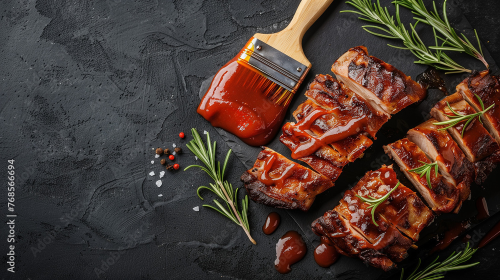Aufkleber a high-angle view of a barbecue sauce brush applying sauce to succulent meat, creating a visually ap