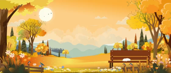 Foto auf Leinwand Autumn landscape with forest tree background,Cartoon Scene Fall Season Mountain,Meadow,Orange Foliage,Cloud,Yellow Sunset Sky,Vector nature morning sunrise grass field,maple tree,farm land in country © Anchalee