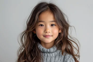 Fotobehang A young asian girl with brown hair and a white shirt is smiling. She has her hair in pigtails and is wearing a grey shirt © Nataliia_Trushchenko