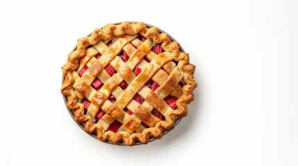 Obraz premium A homemade rhubarb pie in the process of being prepared, isolated on a white background 