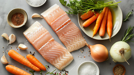 A selection of raw ingredients for making gefilte fish, including fish fillets, onions, and carrots, isolated on a gradient background 