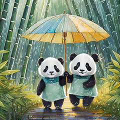 여름비를 맞이한 쌍둥이 판다