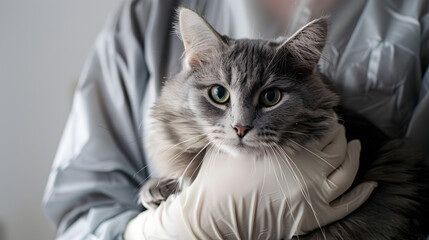 The veterinarian in white rubber gloves holding a gray domestic cat in her arms