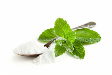 A sprig of fresh mint and a spoon of powdered sugar for garnishing a Mint Julep, isolated on a white background  - obrazy, fototapety, plakaty