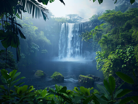 The image captures the tranquil beauty of a secluded waterfall amidst a dense tropical rainforest