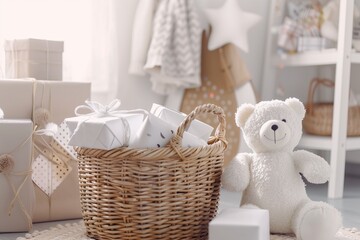 wicker basket with gifts and a white teddy bear in a childs room