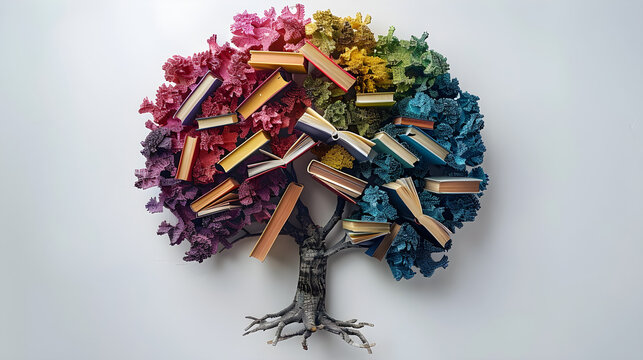 A tree with colorful books as leaves symbolizing the concept of literacy, education, and knowledge, perfect for International Literacy Day celebration and educational promotions.