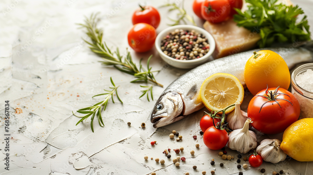 Aufkleber assortment of fresh ingredients used for making gefilte fish displayed on a light-colored background