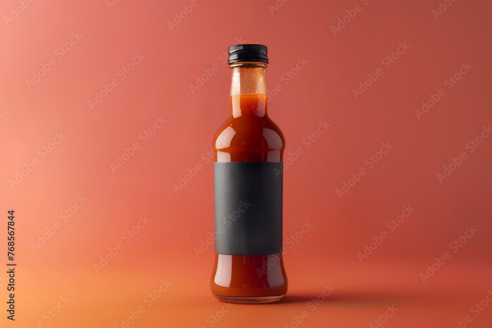 Poster barbecue sauce bottle with a unique label design, isolated on a gradient background