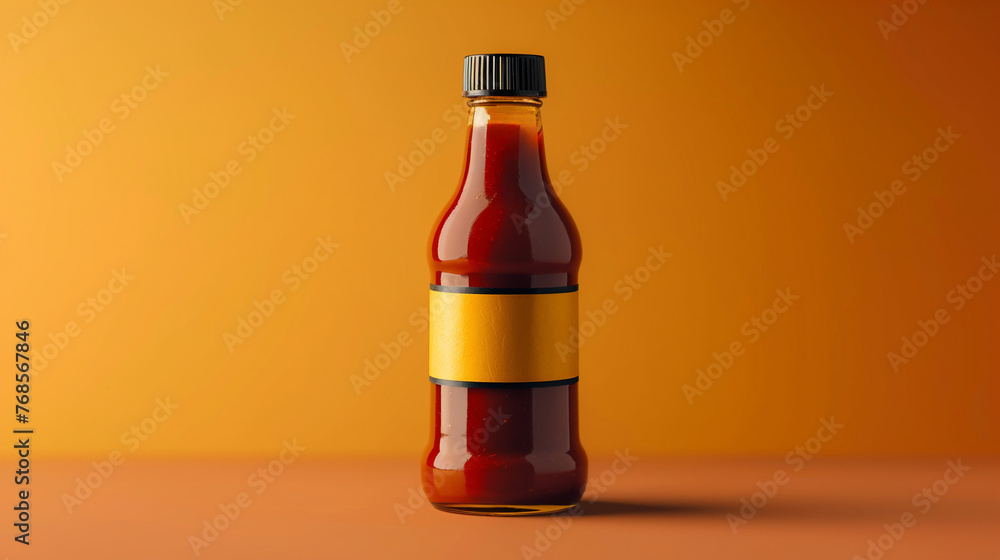 Poster barbecue sauce bottle with a unique label design, isolated on a gradient background