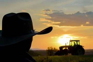 silhouetted cowboy hat against sunset, tractor in the field