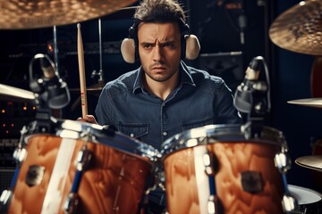 Fototapeta na wymiar portrait of a drummer wearing earmuffs in studio