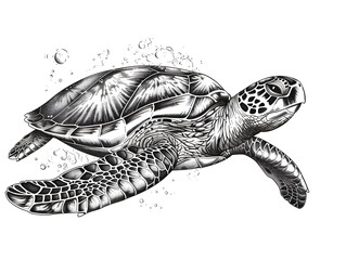 Fototapeta premium turtle in the water, black and white , hand drawn