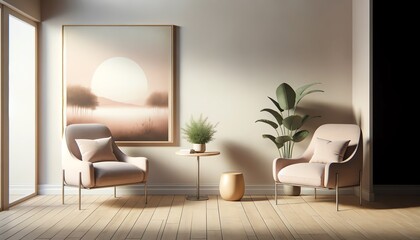 3D Interior Design of Wall Art in a Minimalist and Bright Interior Space
