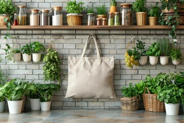 Mockup of a blank eco canvas tote bag on kitchen - obrazy, fototapety, plakaty