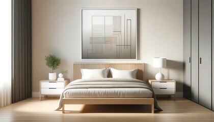 Fototapeta na wymiar 3D Interior Design of Wall Art in a Minimalistic Bedroom