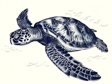turtle in the water, black and white , hand drawn