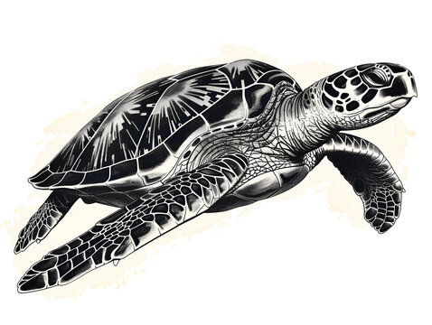 turtle in the water, black and white , hand drawn