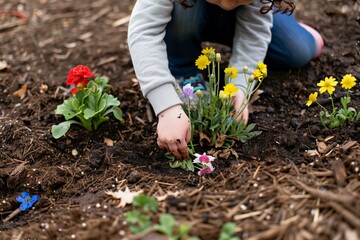 child planting flowers in a mulched school garden