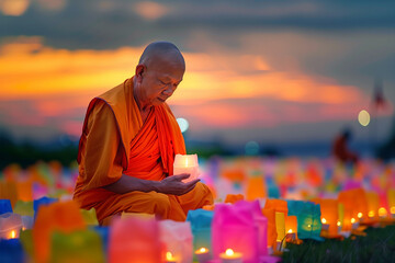 Buddhist monk meticulously arranging colorful lanterns under a serene twilight sky symbolizing Vesak Days reverential celebration 